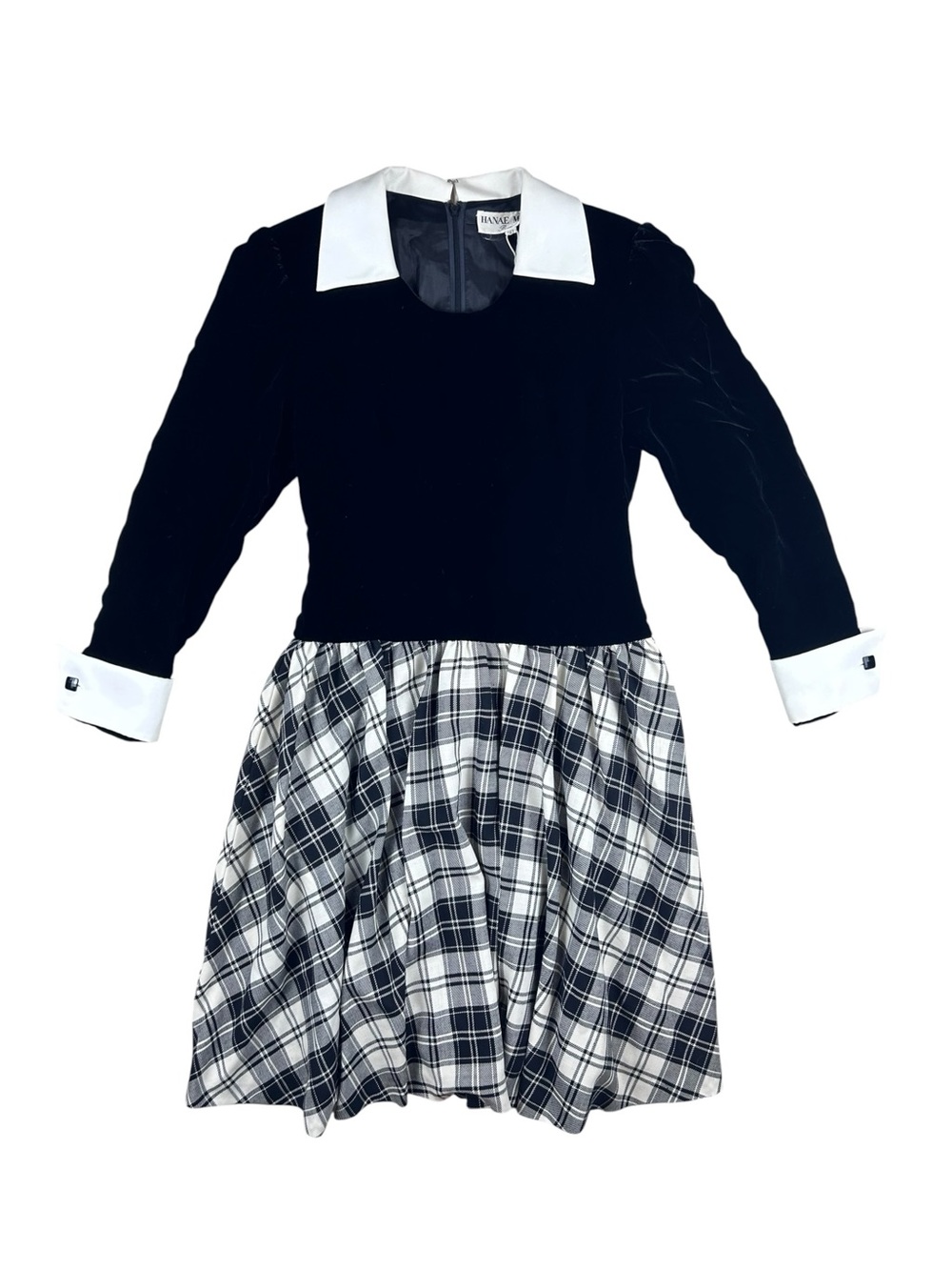 Rare Hanae Mori 90’s Black & White Velvet Plaid Dress with Contrasting Collar